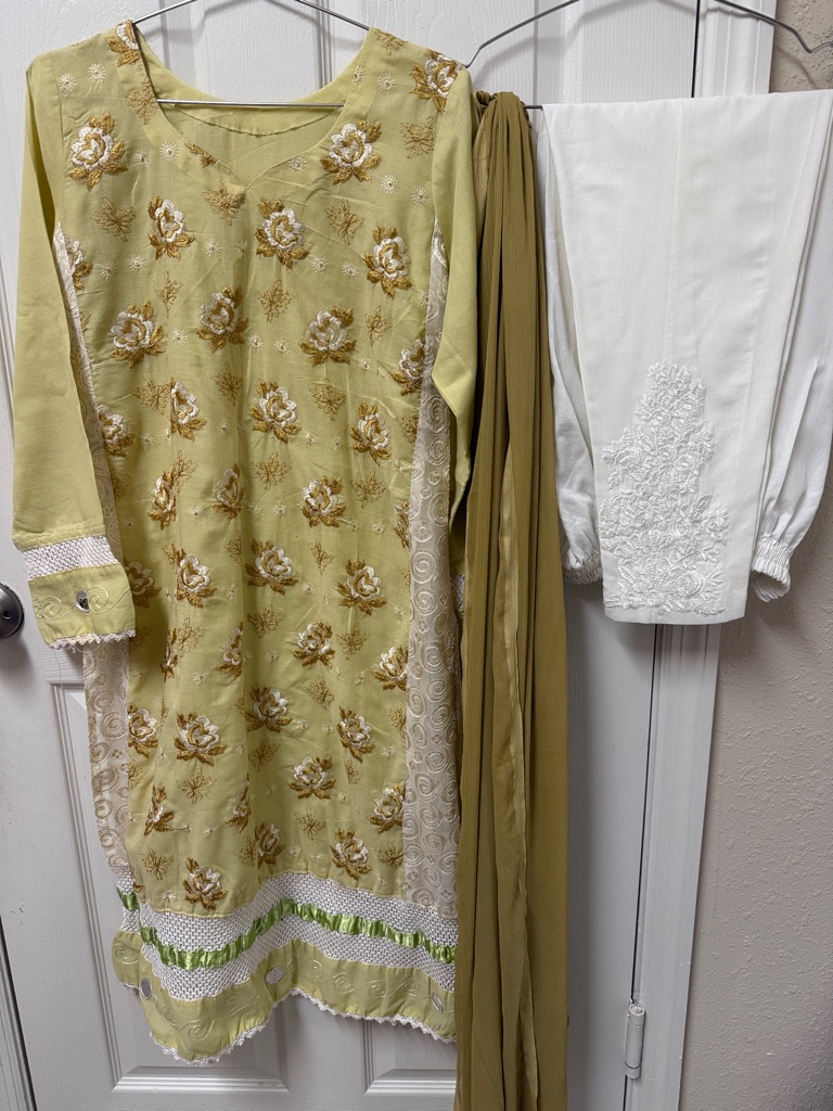 Pakistani Indian Light Olive Embroidered Salwar Kameez Set With White Pants